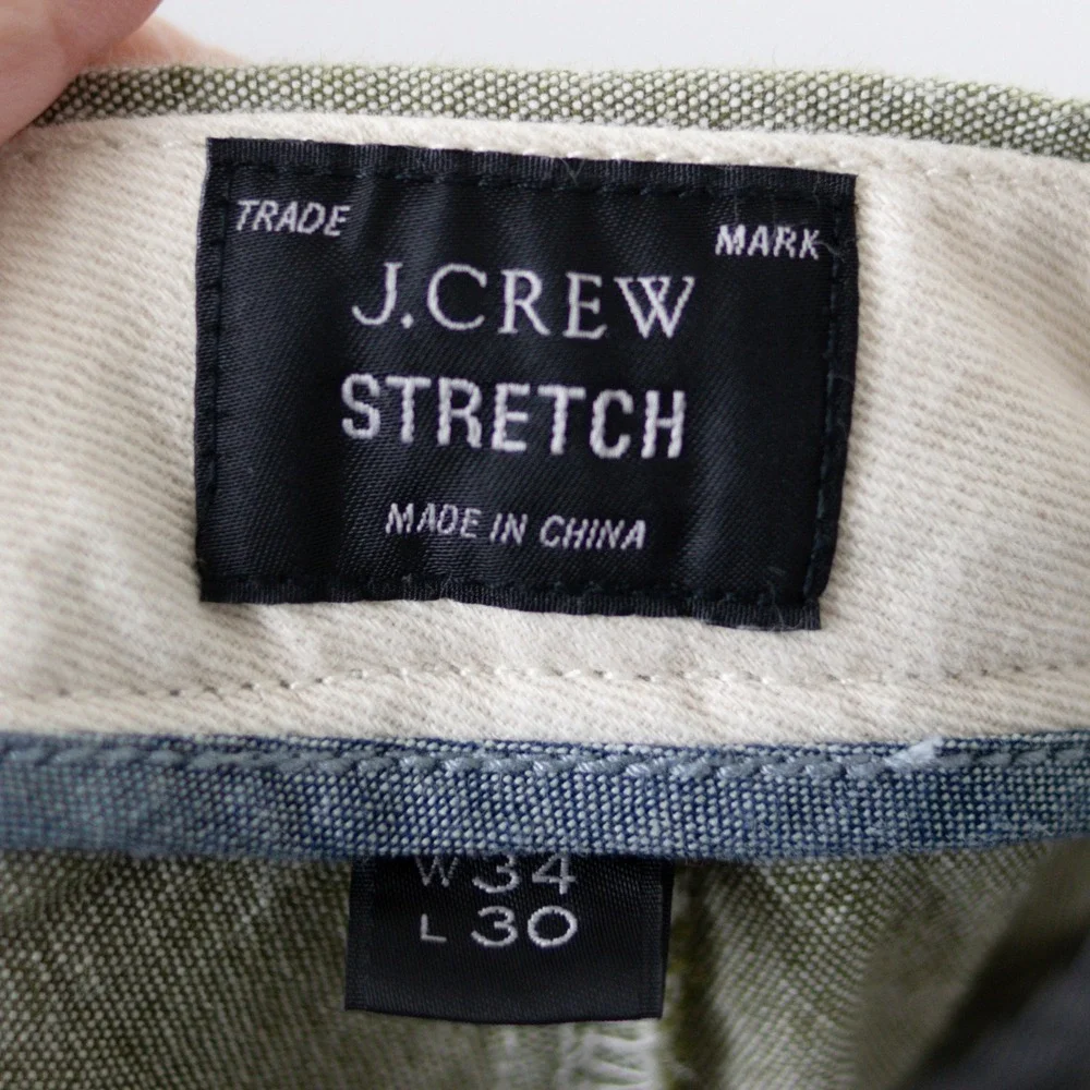 J Crew Pants Stretch Mens 34x30 Olive Green Chambray Chino Trousers Casual Prep